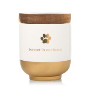Gold and wood pet urn with a paw print and ‘Forever in our hearts’ engraving.