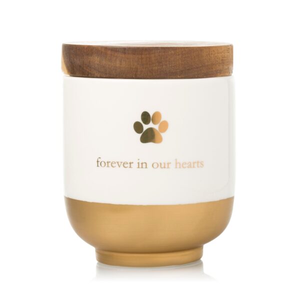 Gold and wood pet urn with a paw print and ‘Forever in our hearts’ engraving.