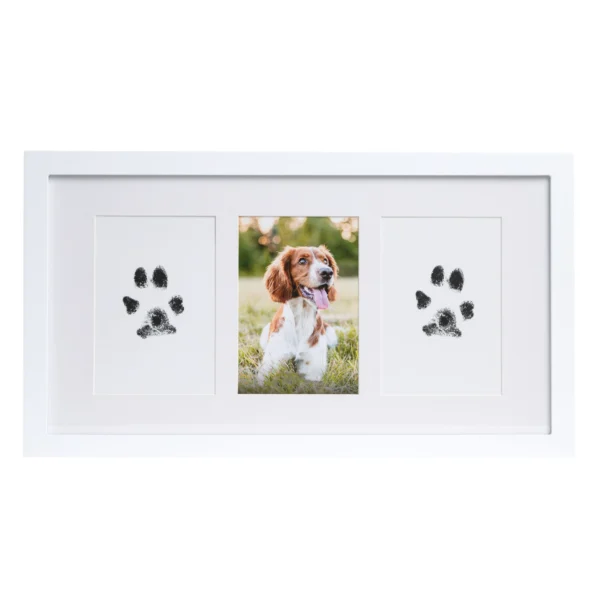 White pet memorial frame with three openings displaying a paw print and two pet photos.